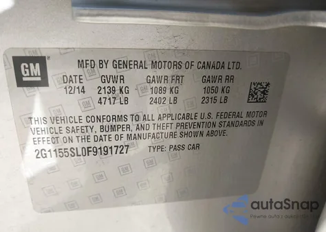 2015 Chevrolet Impala 1Lz из США, поврежденный, VIN 2G1155SL0F9191727